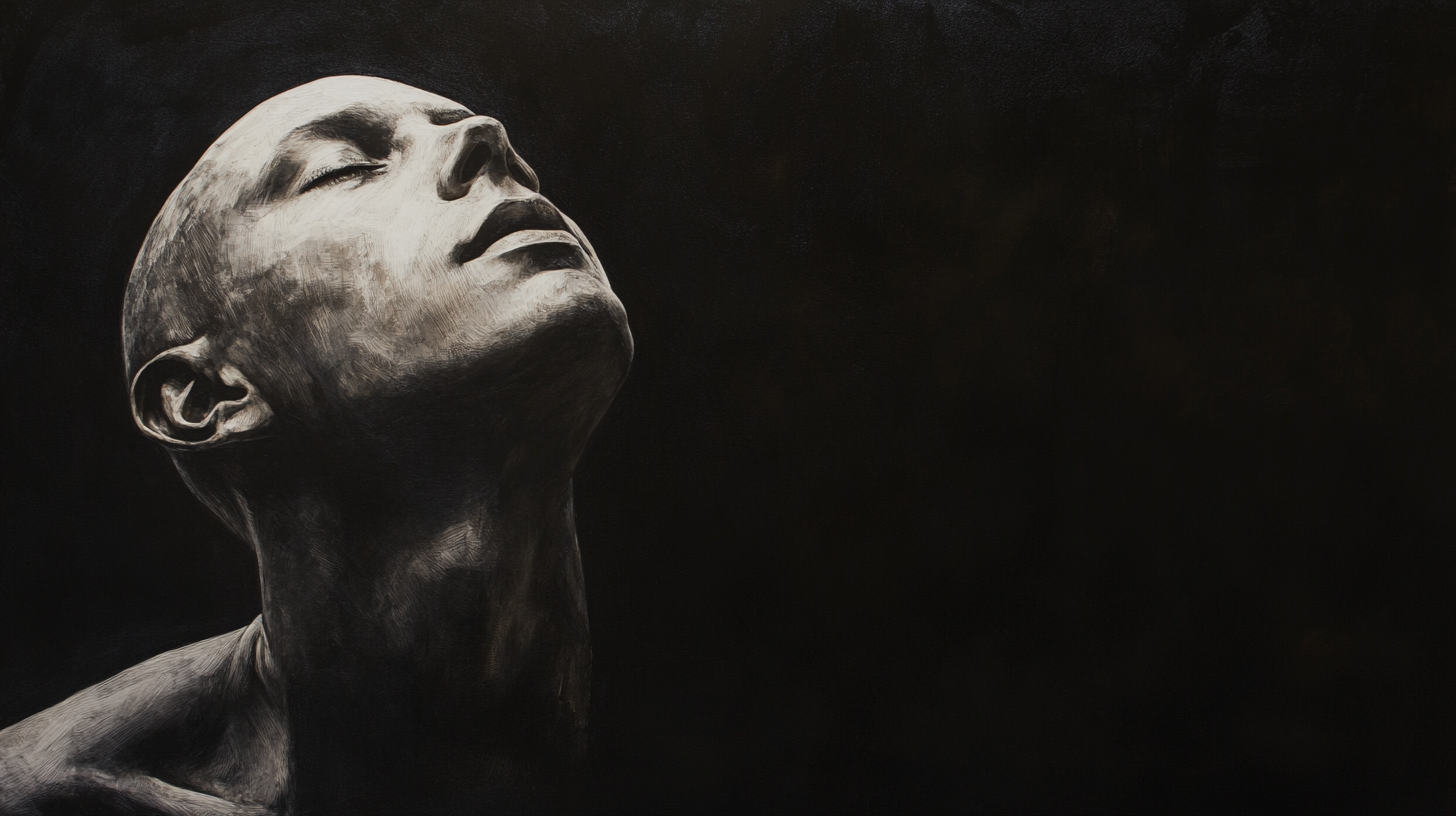 Retrato minimalista de una figura en perfil bajo luz dramática sobre fondo negro, simbolizando introspección y transformación personal.