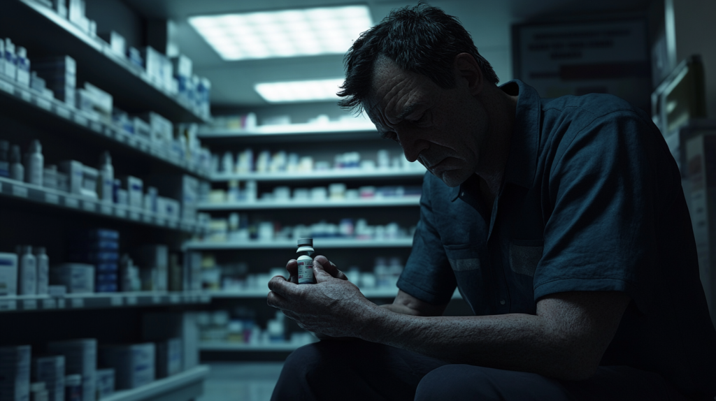 Hombre sentado en una farmacia, sosteniendo un frasco de medicina con expresión de desesperación.
Un hombre en una farmacia fría y estéril, sumido en el dilema de salvar una vida frente a barreras económicas, sosteniendo un frasco de medicina. La imagen capta la lucha emocional y el conflicto ético en un contexto de injusticia social.