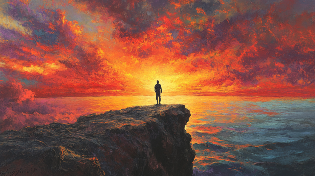 Persona de pie sobre un acantilado al amanecer, observando un océano infinito con un cielo vibrante de colores cálidos, simbolizando resiliencia y transformación.
La imagen ilustra visualmente el concepto de resiliencia y transformación, reforzando el mensaje del artículo sobre superar desafíos y encontrar esperanza incluso en los momentos más difíciles. Su objetivo es conectar emocionalmente con los lectores y transmitir inspiración.