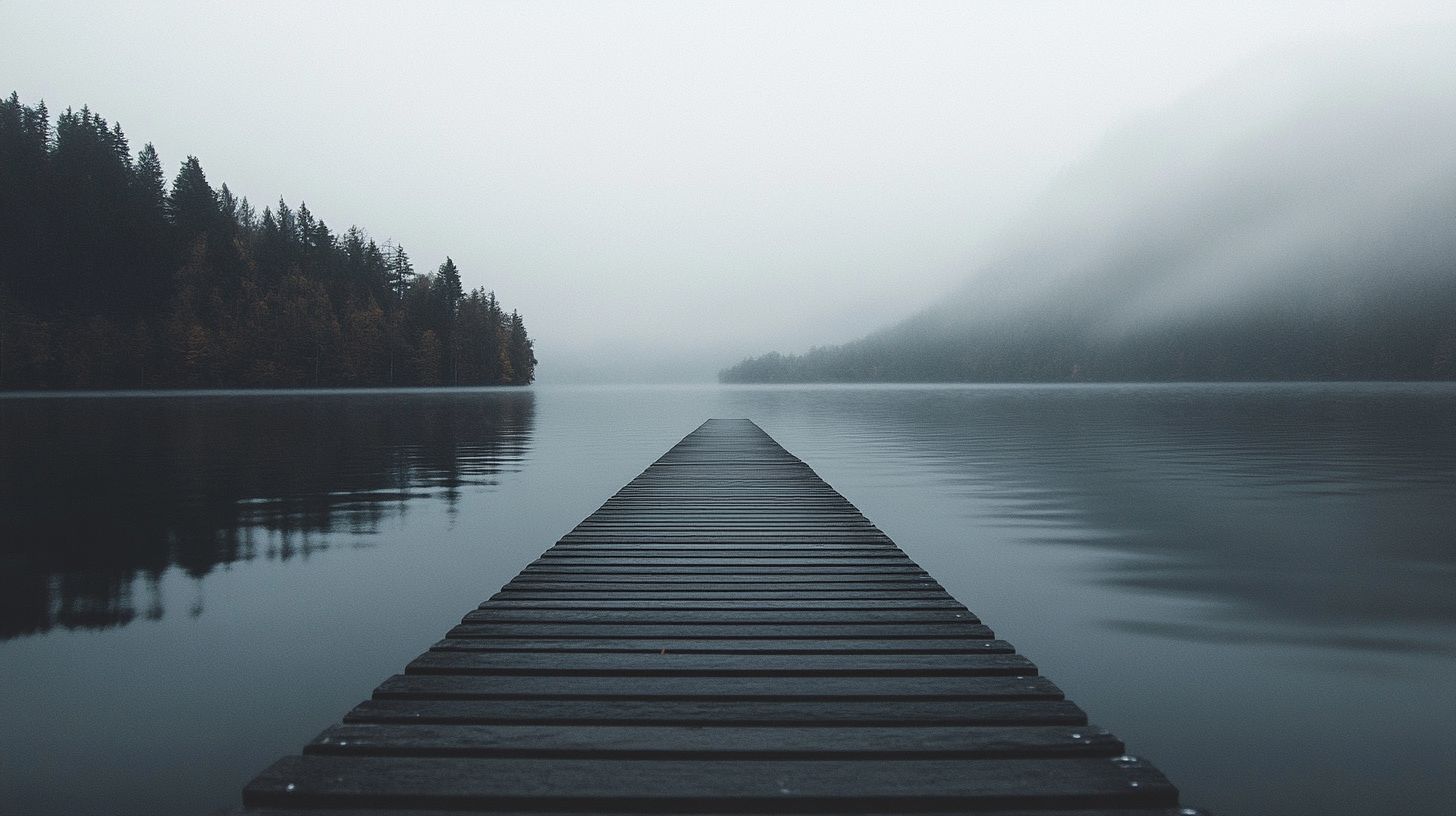Pasarela de madera que se extiende hacia un lago rodeado de niebla y árboles, simbolizando introspección, tranquilidad y conexión, perfecta para representar la esencia reflexiva de Mentes Peripatéticas.