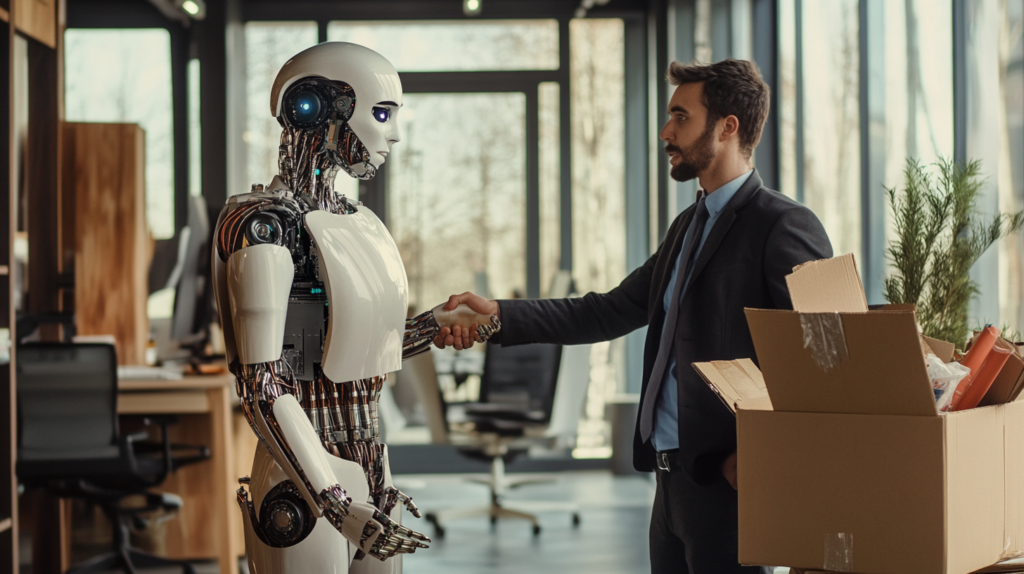 Un robot humanoide y un hombre de negocios dándose la mano en una oficina moderna, simbolizando el impacto de la automatización en el empleo.
