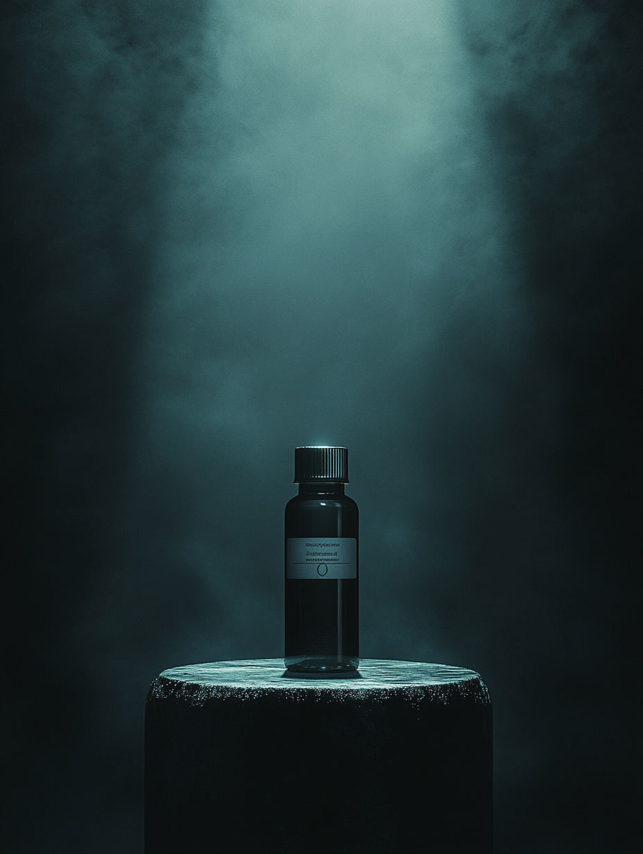 Un vial de medicamento iluminado sobre un pedestal oscuro, simbolizando el dilema moral y la tensión entre vida, ética y lucro.