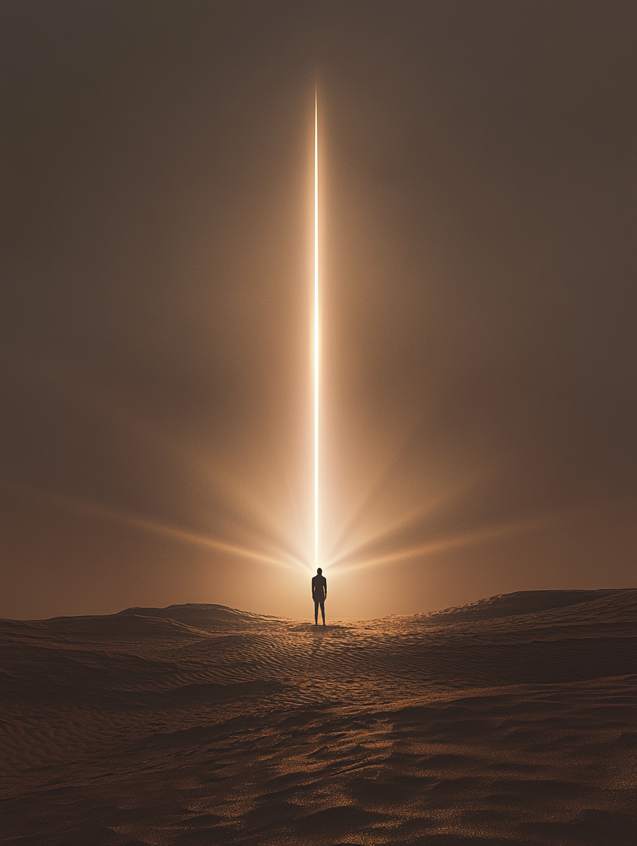 Una figura solitaria frente a un imponente haz de luz en medio de un desierto minimalista, simbolizando resiliencia, esperanza y nuevos comienzos. La imagen transmite un mensaje poderoso de transformación y propósito, alineado con el tema del artículo sobre resiliencia y la capacidad de encontrar fuerza incluso en la simplicidad de la adversidad. Su objetivo es inspirar al lector y destacar visualmente la importancia de la superación personal.