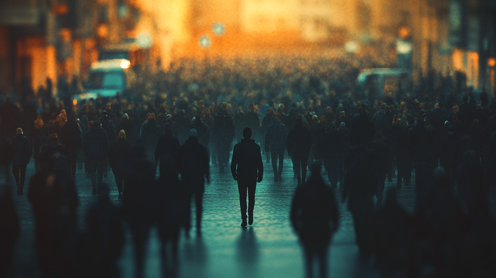 Persona caminando en dirección contraria a una multitud, representando la influencia de las minorías en la historia.