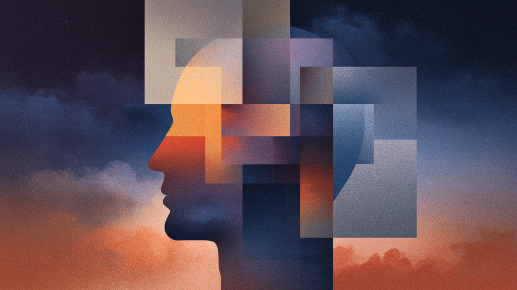 Ilustración conceptual de una mente humana formada por piezas geométricas encajando entre sí, simbolizando cómo pensar mejor y encontrar claridad en medio de la incertidumbre.